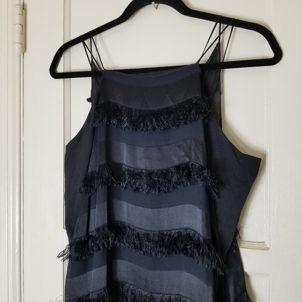 HUNTER BELL black overlay fuzzy stripe sleeveless spaghetti strap maxi dress - Picture 5 of 10